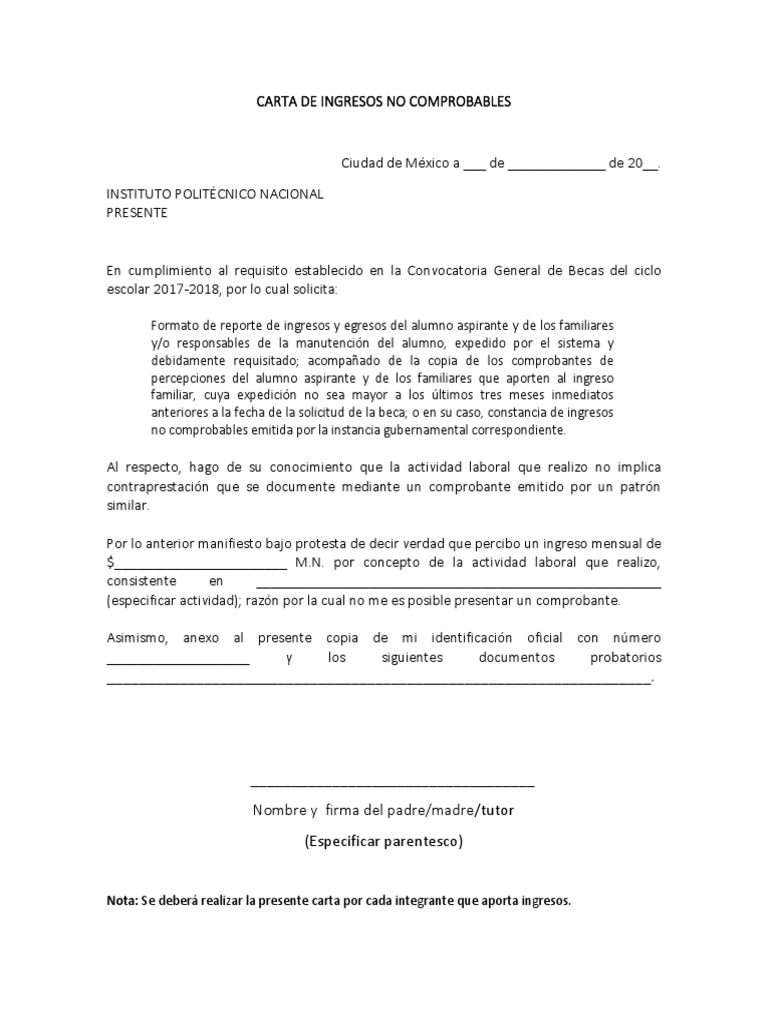 Carta de Ingresos No Comprobables CNBES