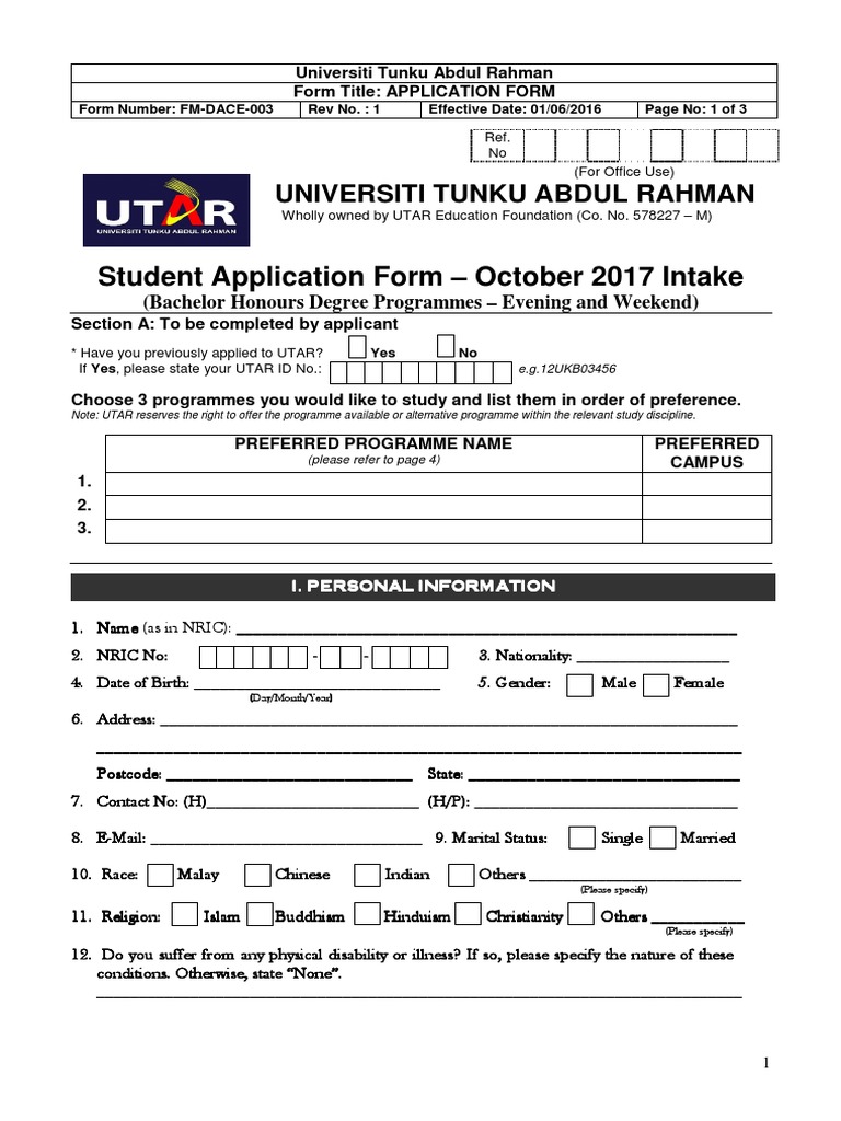 UTAR Student Application Form 2017 | PDF | Personally Identifiable ...