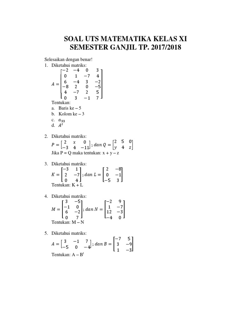 Contoh Latihan Soal Soal Matematika Kelas Xi Tentang Matriks