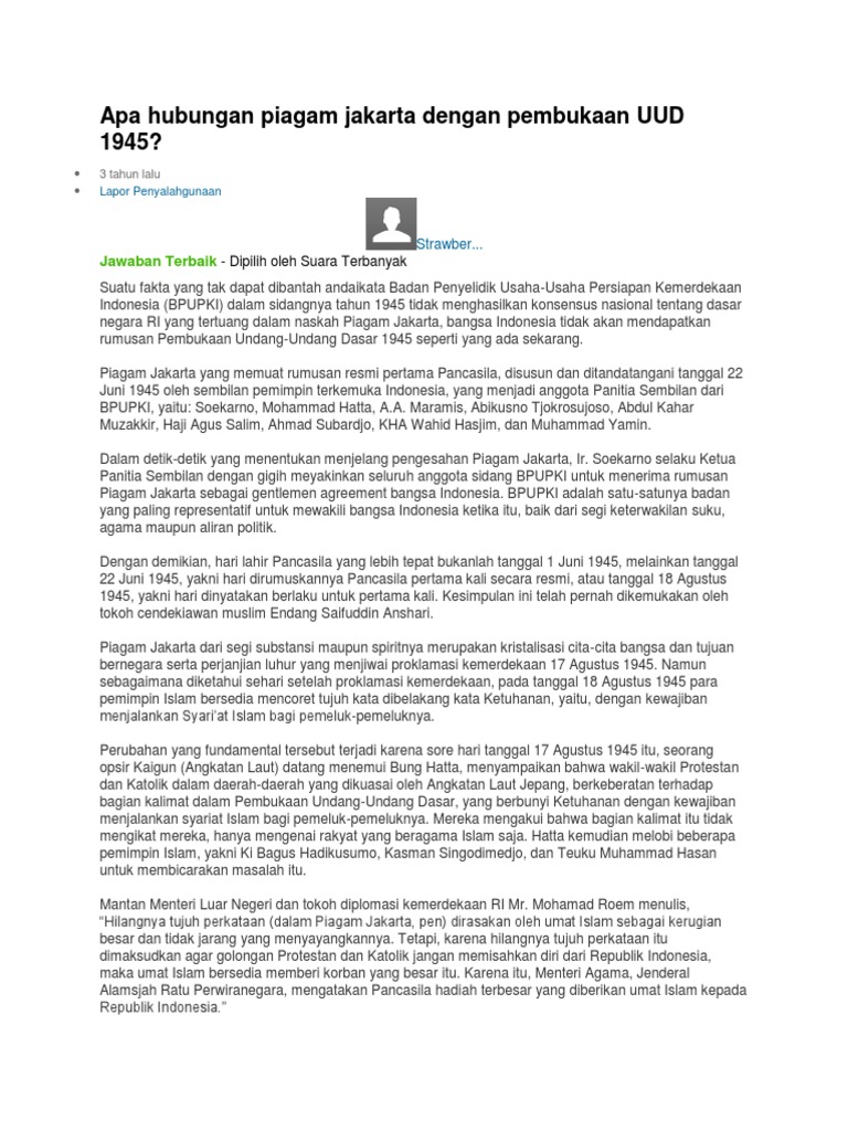 Apa Hubungan Piagam Jakarta Dengan Pembukaan Uud 1945