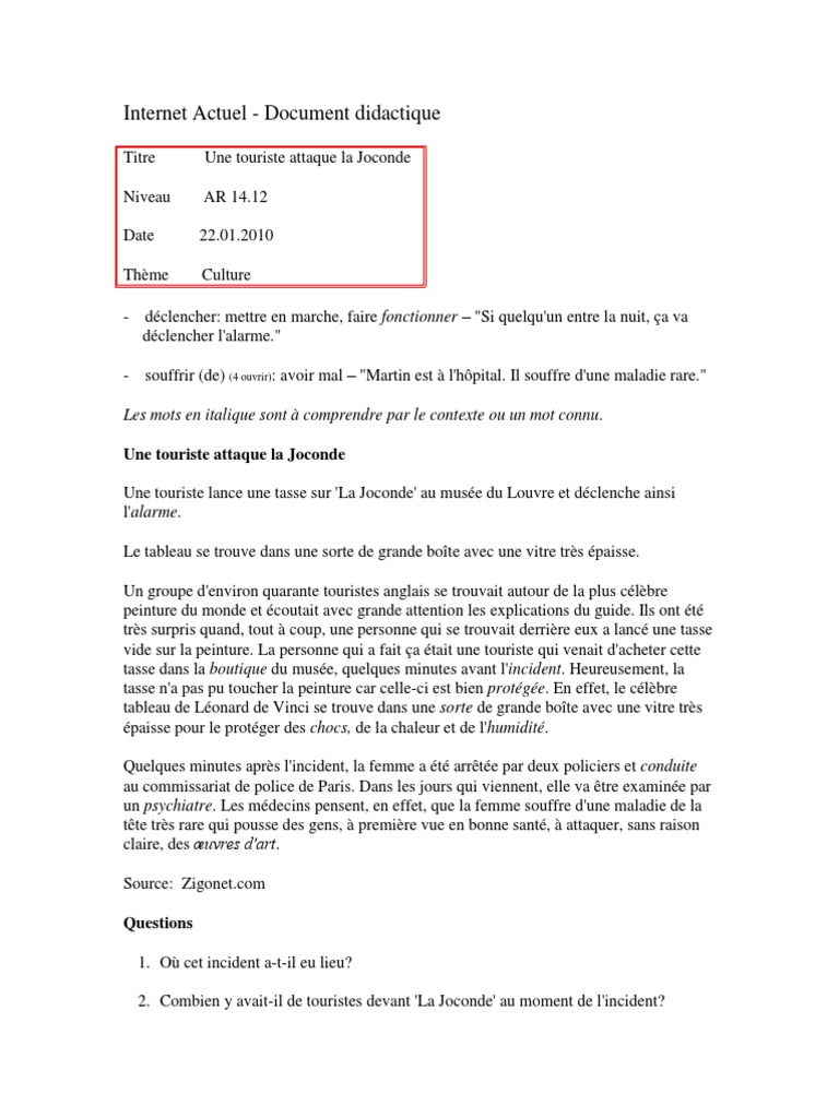 Une Touriste Attaque La Joconde Pdf Leonard De Vinci Arts General
