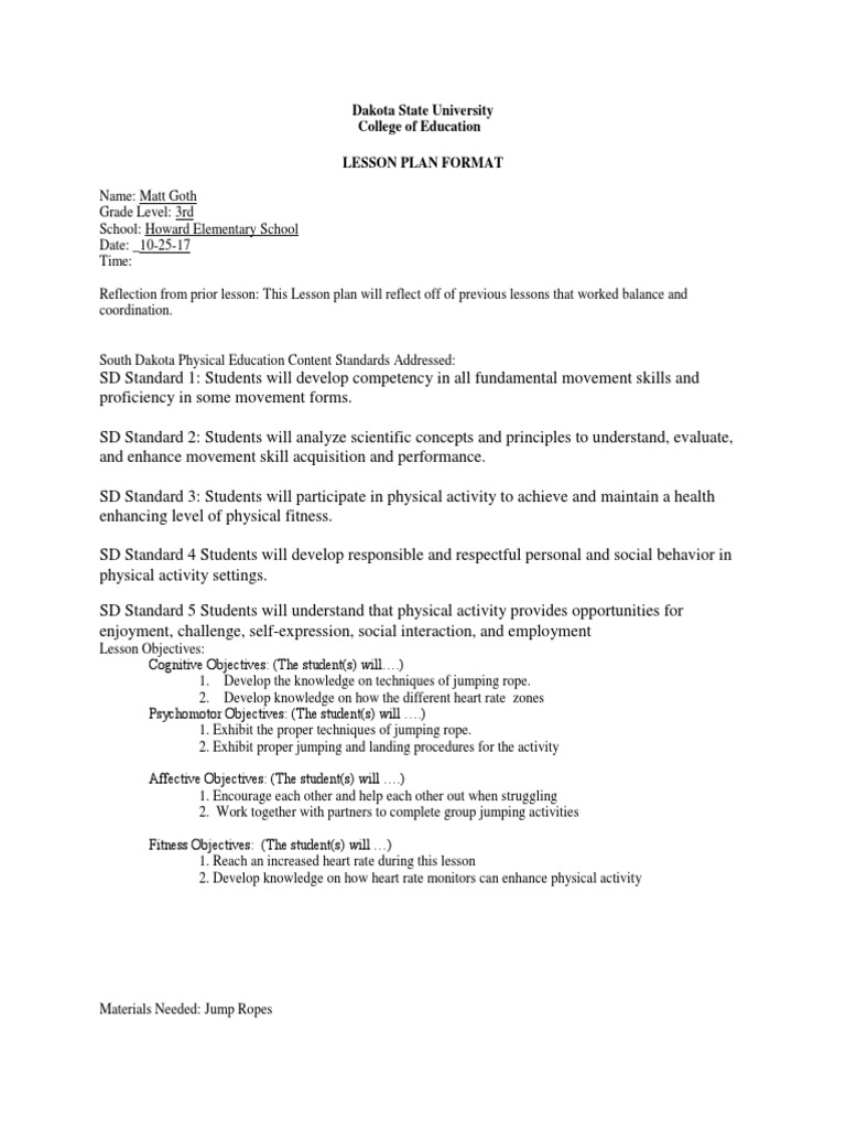 Jumping Rope Lesson Plan PDF Lesson Plan Physical Education