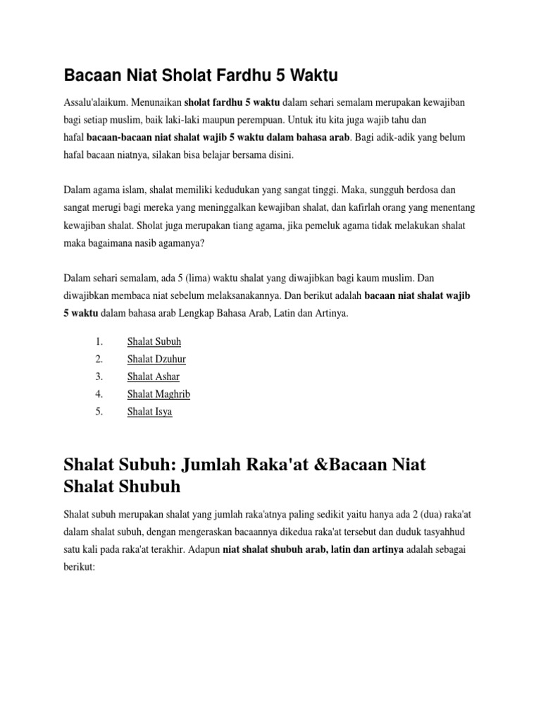 niat solat 5 waktu dalam rumi
