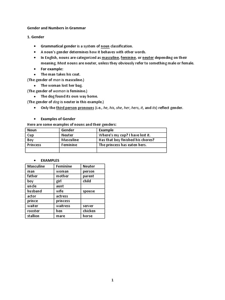 Gender and Number in English Grammar | PDF | Grammatical Gender ...