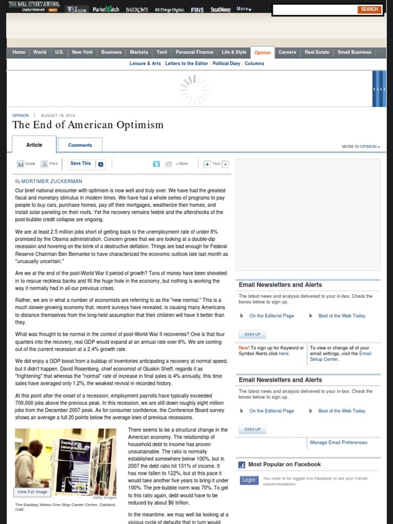 The End of American Optimism PDF The Wall Street Journal Unemployment