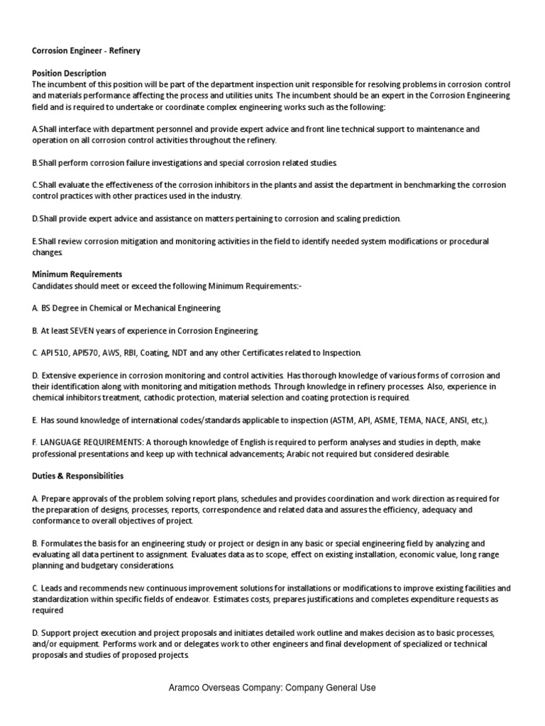 Corrosion Engineer Refinery Position Description PDF Corrosion
