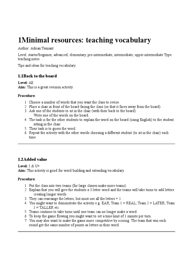 2 Minimal Resources Teaching Vocabulary PDF Languages Leisure