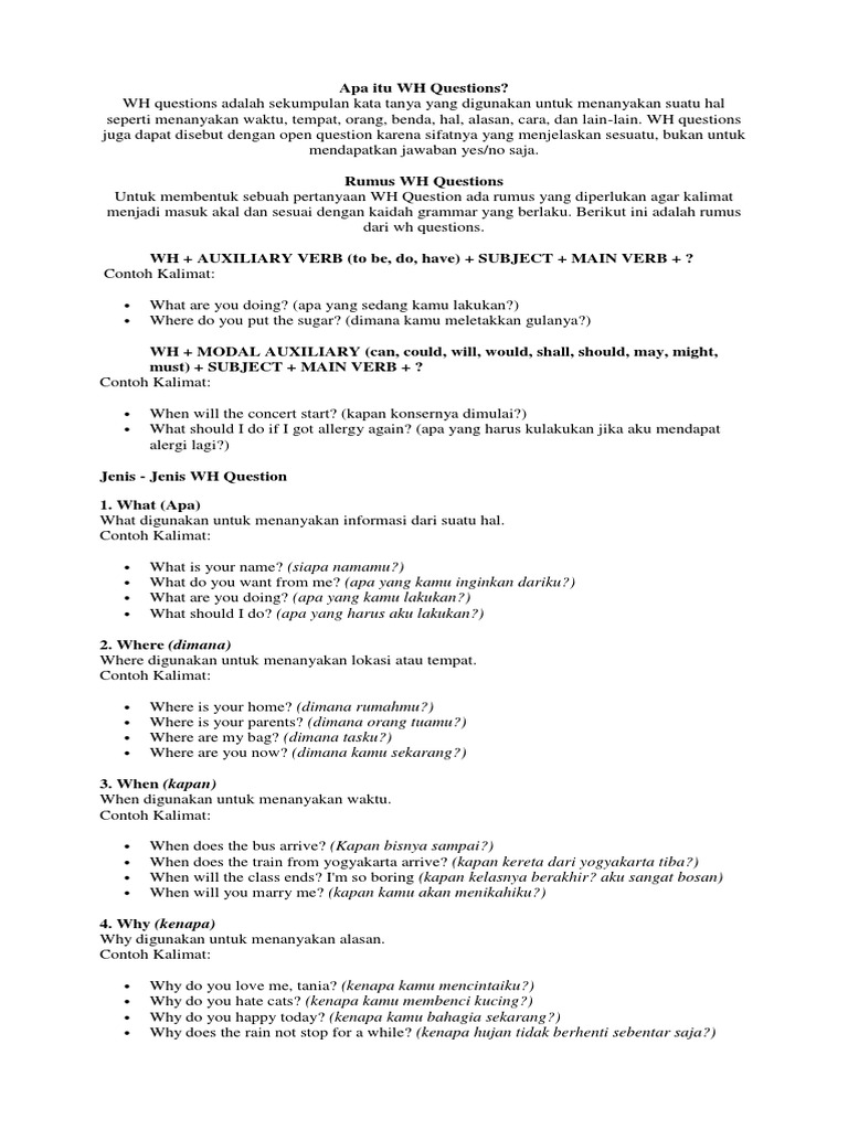 Panduan Lengkap WH Questions | PDF | Seni & Disiplin Bahasa | Kajian ...