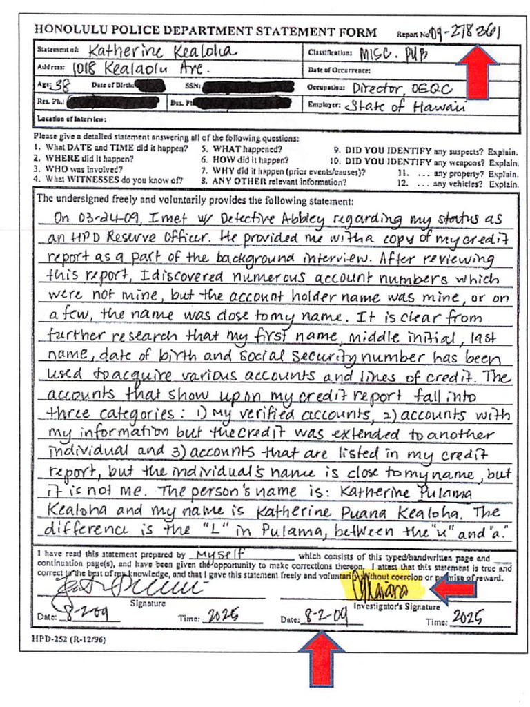 Honolulu Police Department Form Report No. 09278361