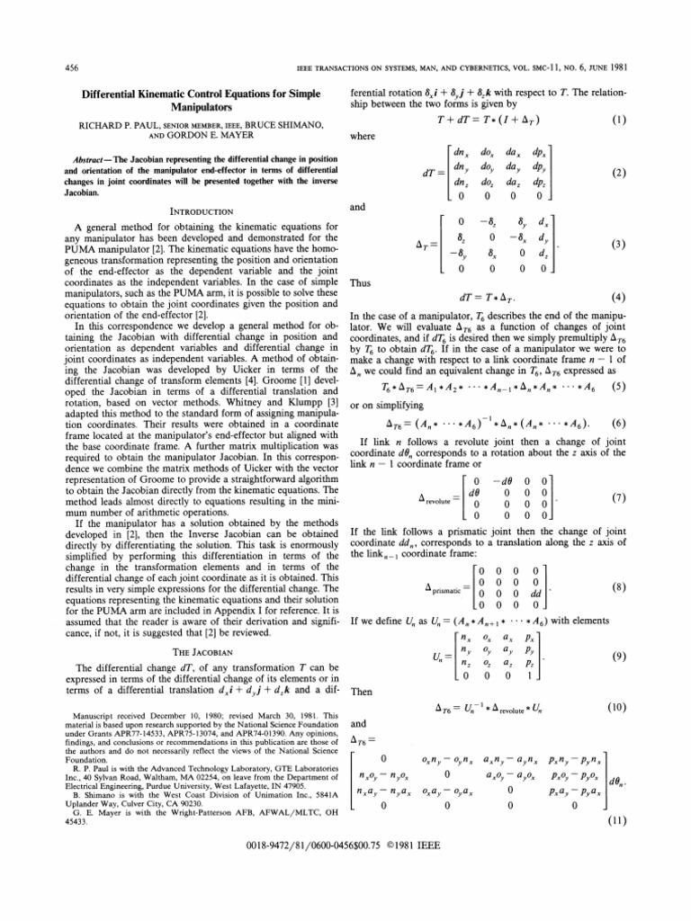 Differential Kinematic Control Equations For Simple Manipulators PDF