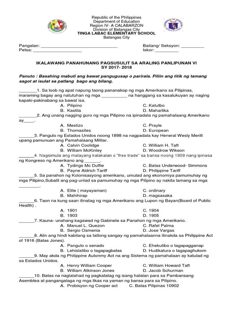 Second Periodical Test in Ap Vi | PDF