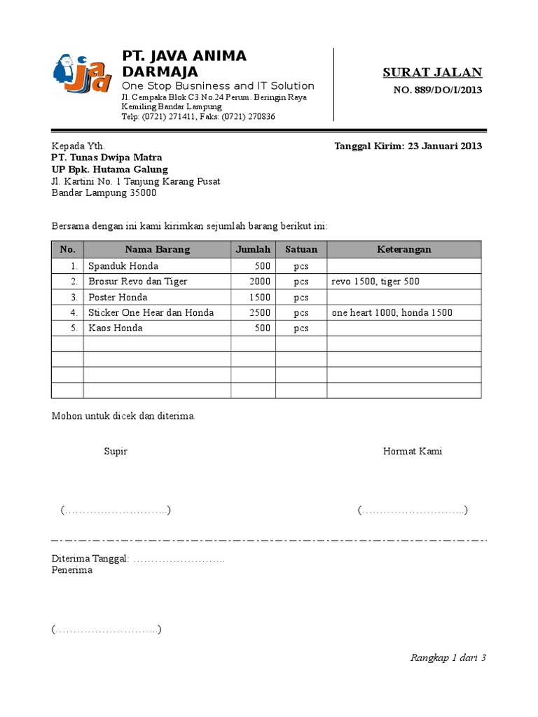 Contoh Surat Jalan Pengiriman Barang Word