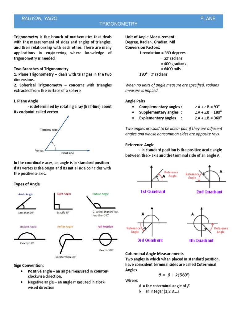 Bauyon, Yago: Plane Trigonometry | PDF | Trigonometric Functions | Sine