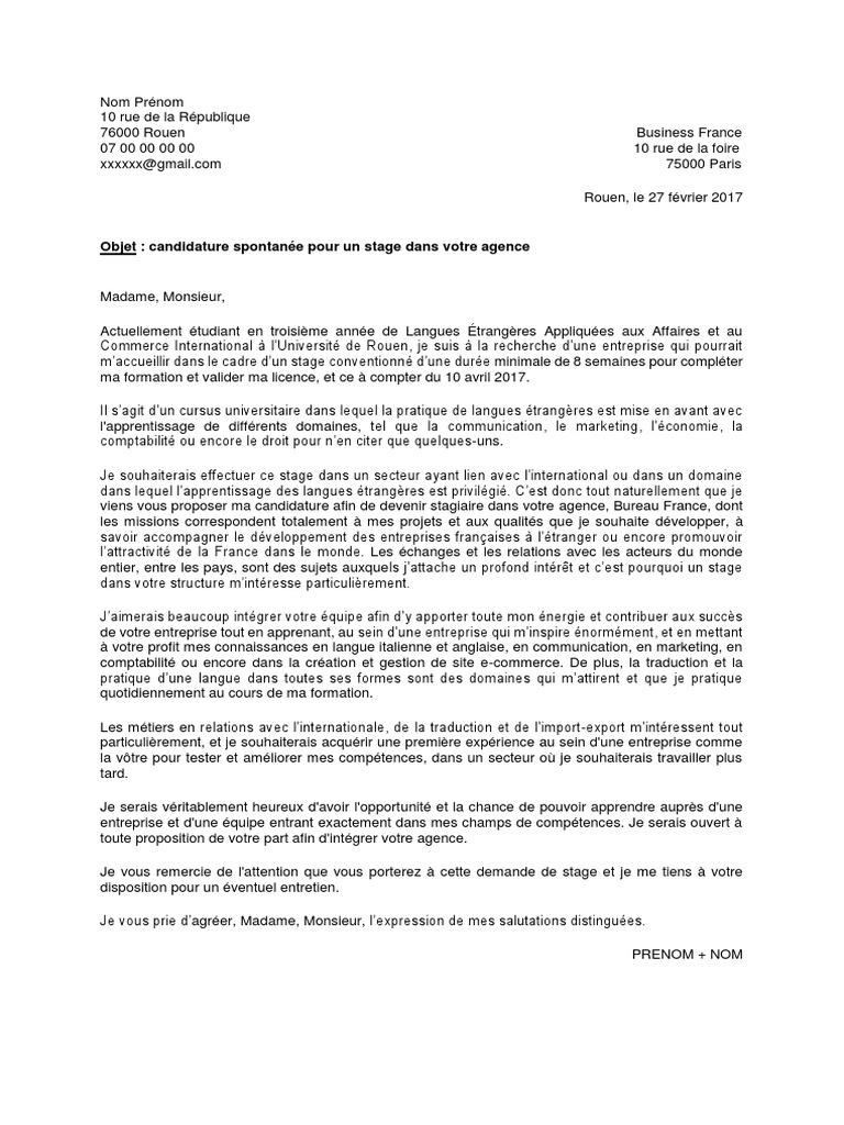 business france lettre de motivation pdf Université France