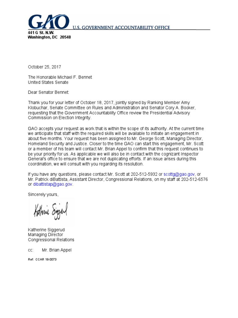 GAO Response to Election Integrity Review Request | PDF