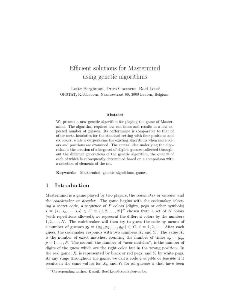 Efficient Solutions For Mastermind Using Genetic Algorithms (2008) | PDF