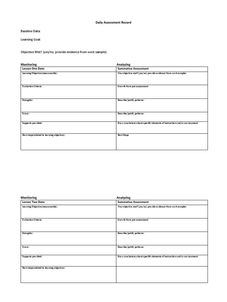 Daily Assessment Record Template | PDF | Evaluation | Behavior Modification