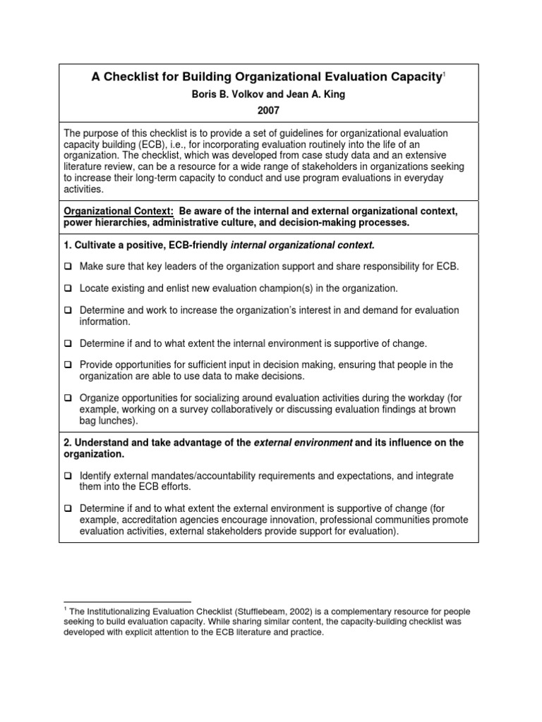 Evaluation Capacity Building Checklist | PDF | Program Evaluation ...