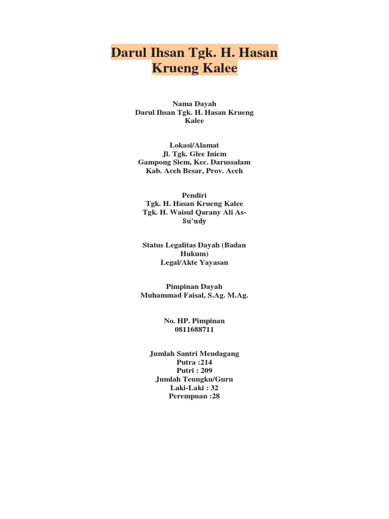 Profil Dayah Darul Ihsan Krueng Kalee | PDF