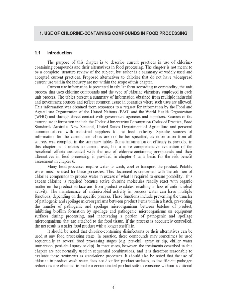Fao Food Processing Chlorine Compounds Use Pdf Disinfectant Chlorine