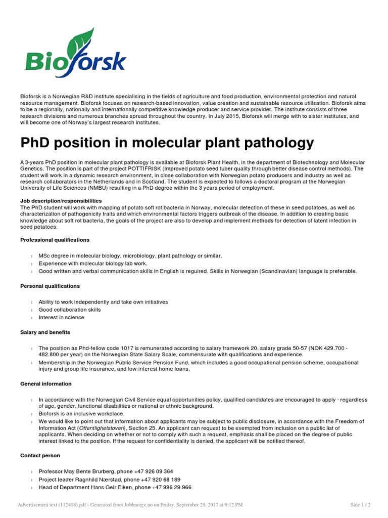 PHD Position in Molecular Plant Pathology Job Description
