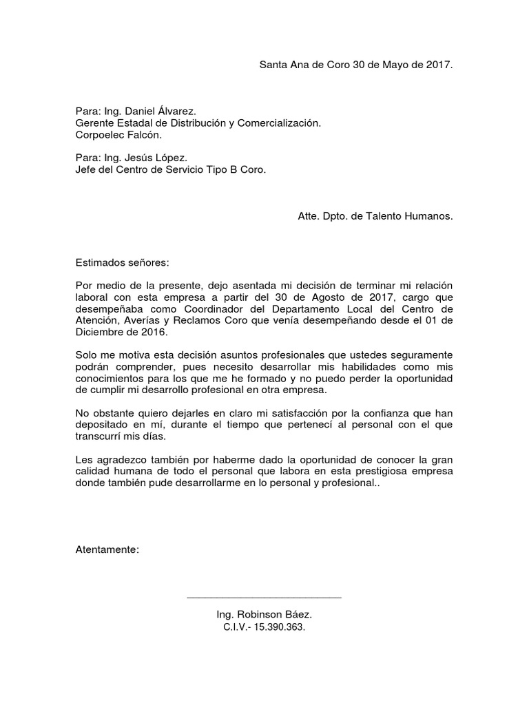 Carta de Renuncia Voluntaria PDF PDF Business
