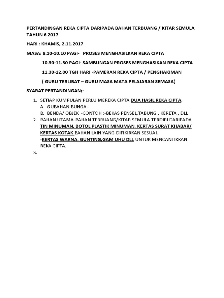 Pertandingan Reka Cipta Daripada Bahan Terbuang Tahun 6 | PDF