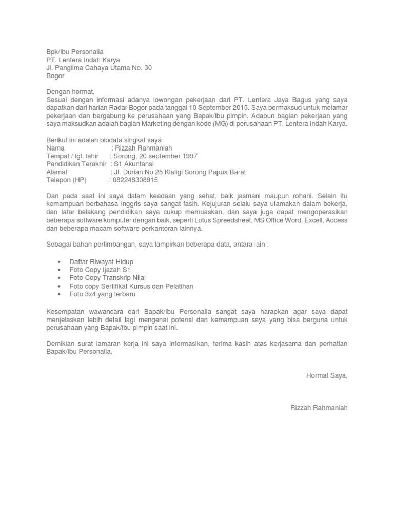 Surat Lamaran Kerja Pdf