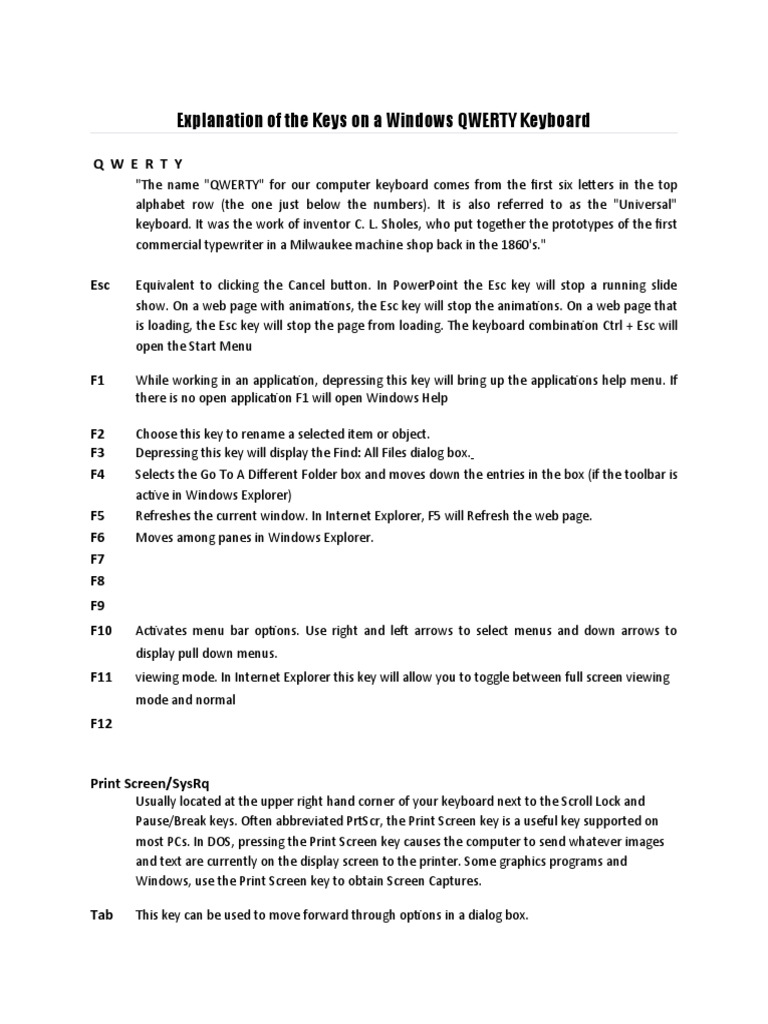 Explanation of The Keys On A Windows QWERTY Keyboard Q W E R T Y PDF