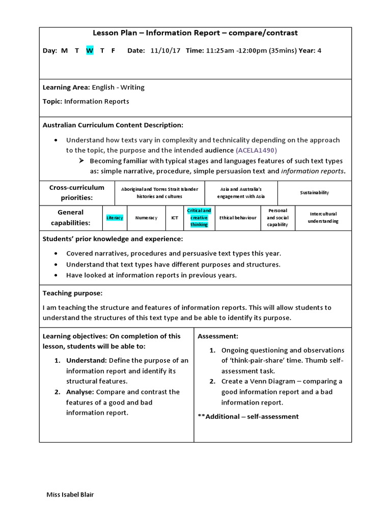 Year 4 Information Report Lesson Plan | PDF | Lesson Plan | Cognition