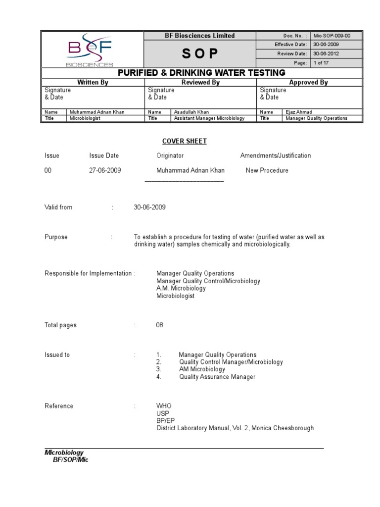 SOP of Water Testing Colony Forming Unit Agar
