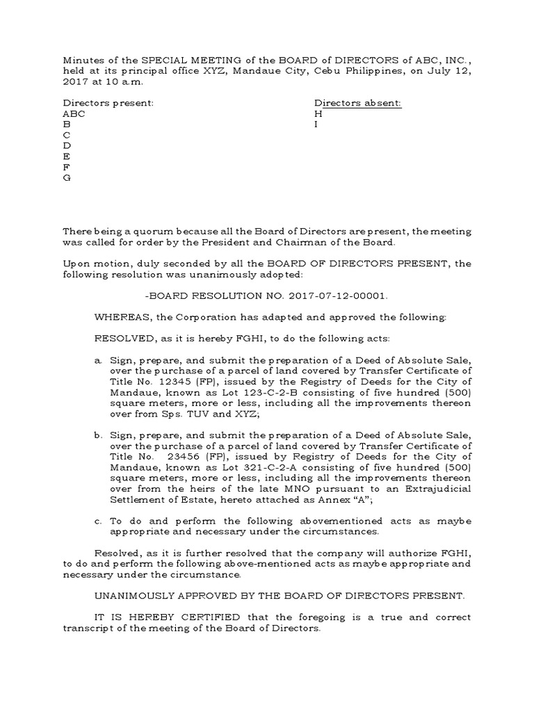 Board Resolution for Land Purchase | PDF | Board Of Directors | Deed