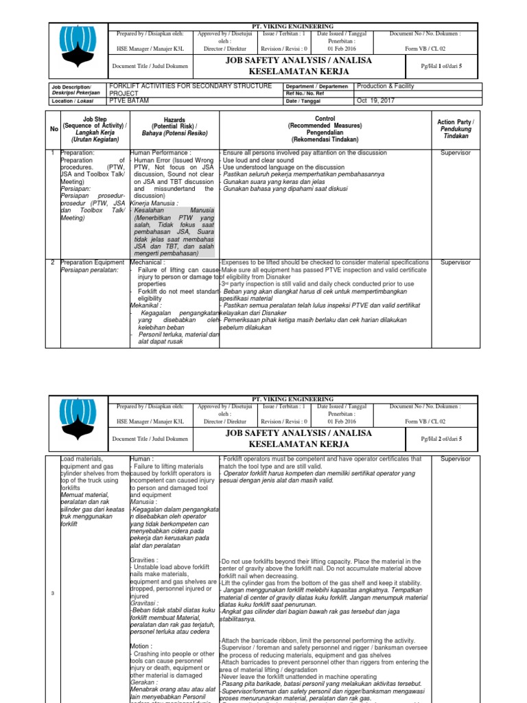 JSA for Forklift Activities Working Conditions Prevention