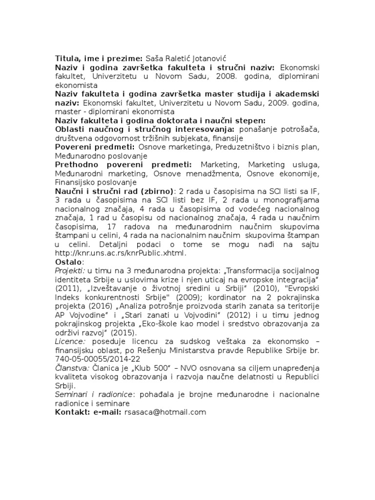Kratka Biografija Saša Raletić Jotanović | PDF