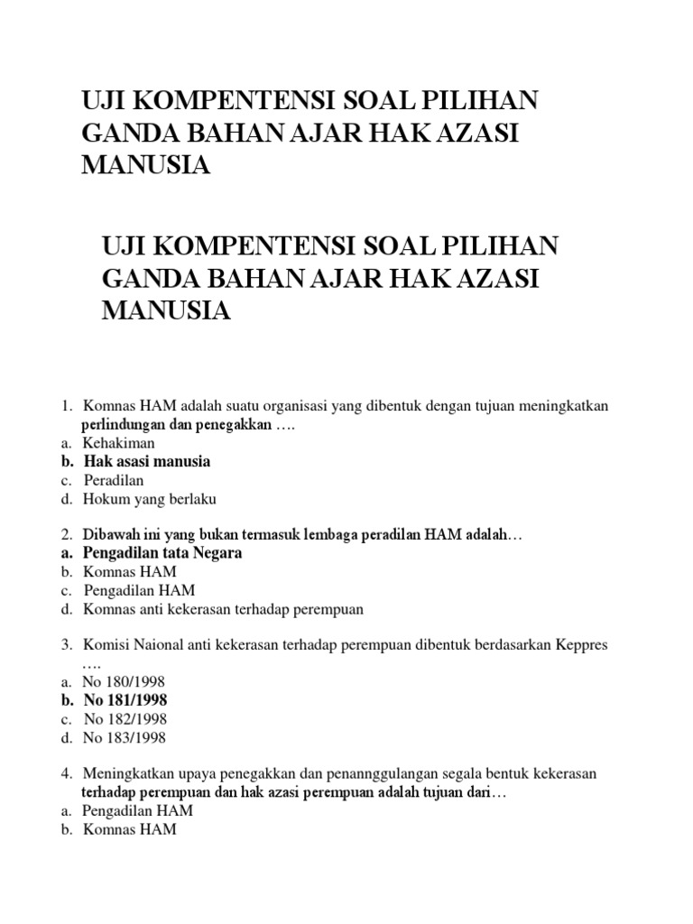 Uji Kompentensi Soal Pilihan Ganda Bahan Ajar Hak Azasi Manusia