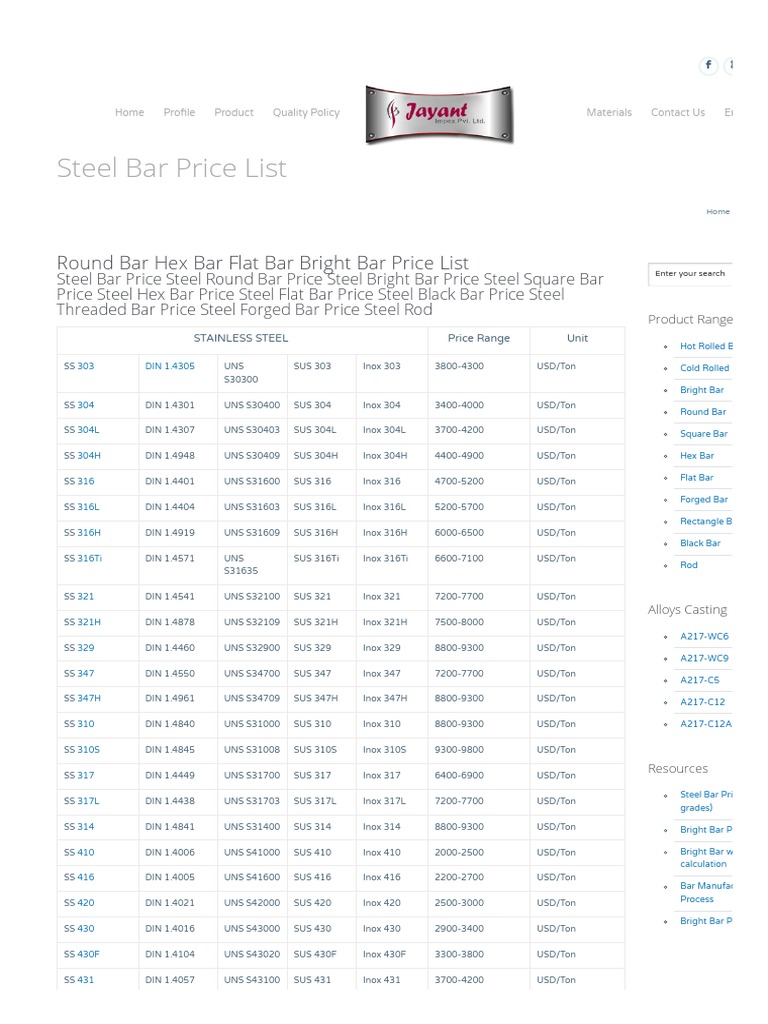 Steel Bar Price List _ Stainless Steel Transition Metals