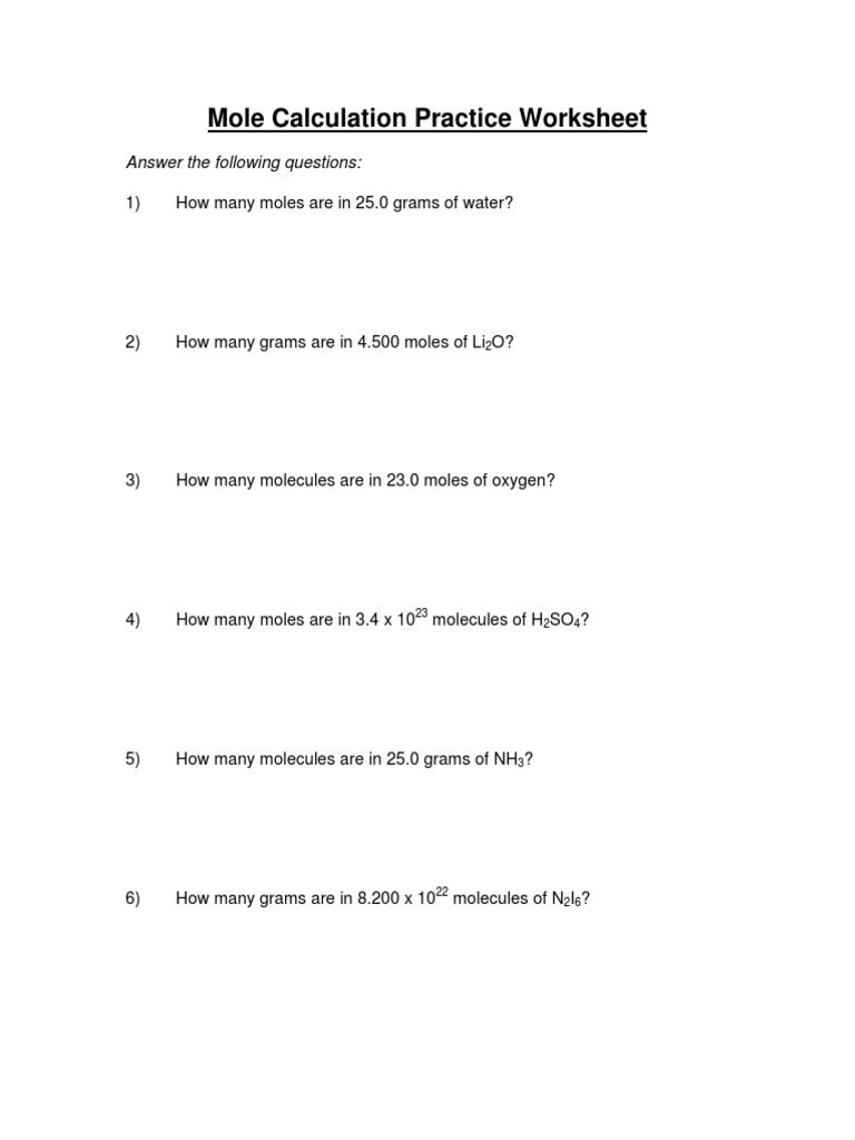 Worksheets Mole Calculation Practice Worksheet mole calculation