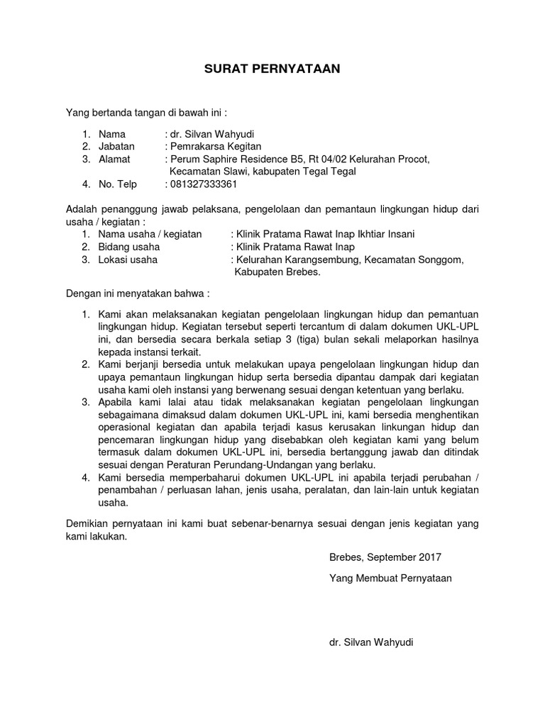 Surat Pernyataan Ukl Upl Klinik Ikhtiar Insani