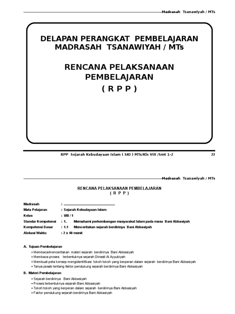 RPP SKI MTs Kelas 8 Semester 1