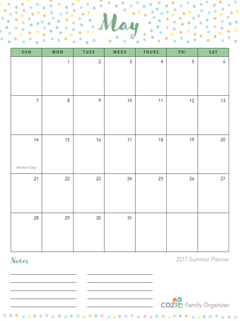 2017 Cozi Summer Planner 1 Month View | PDF