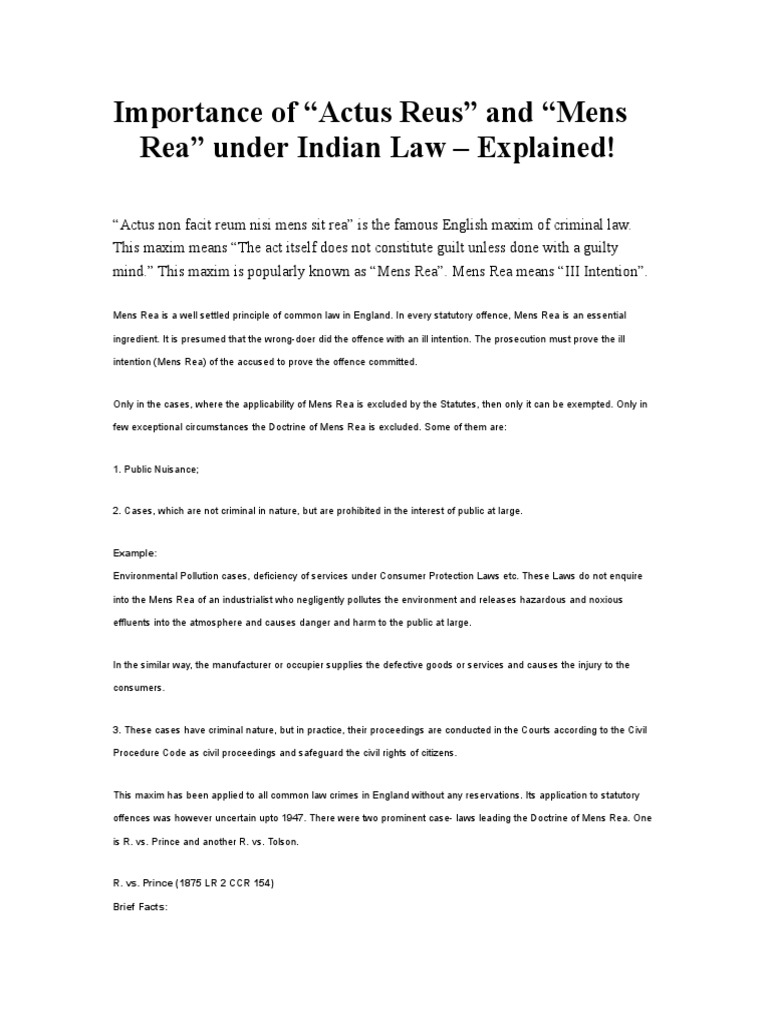 Cases of Mens Rea Mens Rea Burden Of Proof (Law)