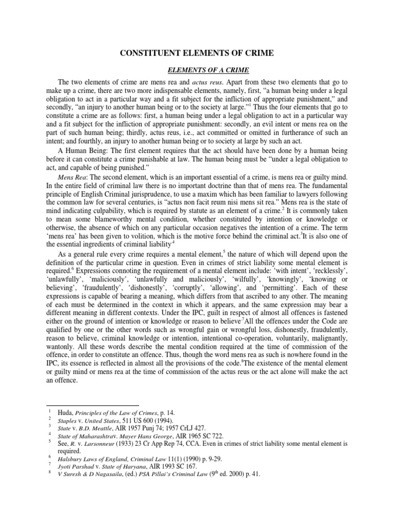 Elements Of Crime Actus Reus Mens Rea Download Free Pdf Mens Rea