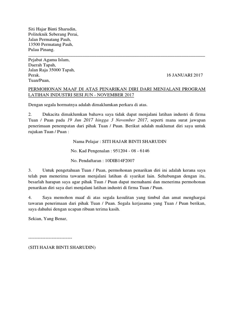 Surat Tolak Praktikal Pdf