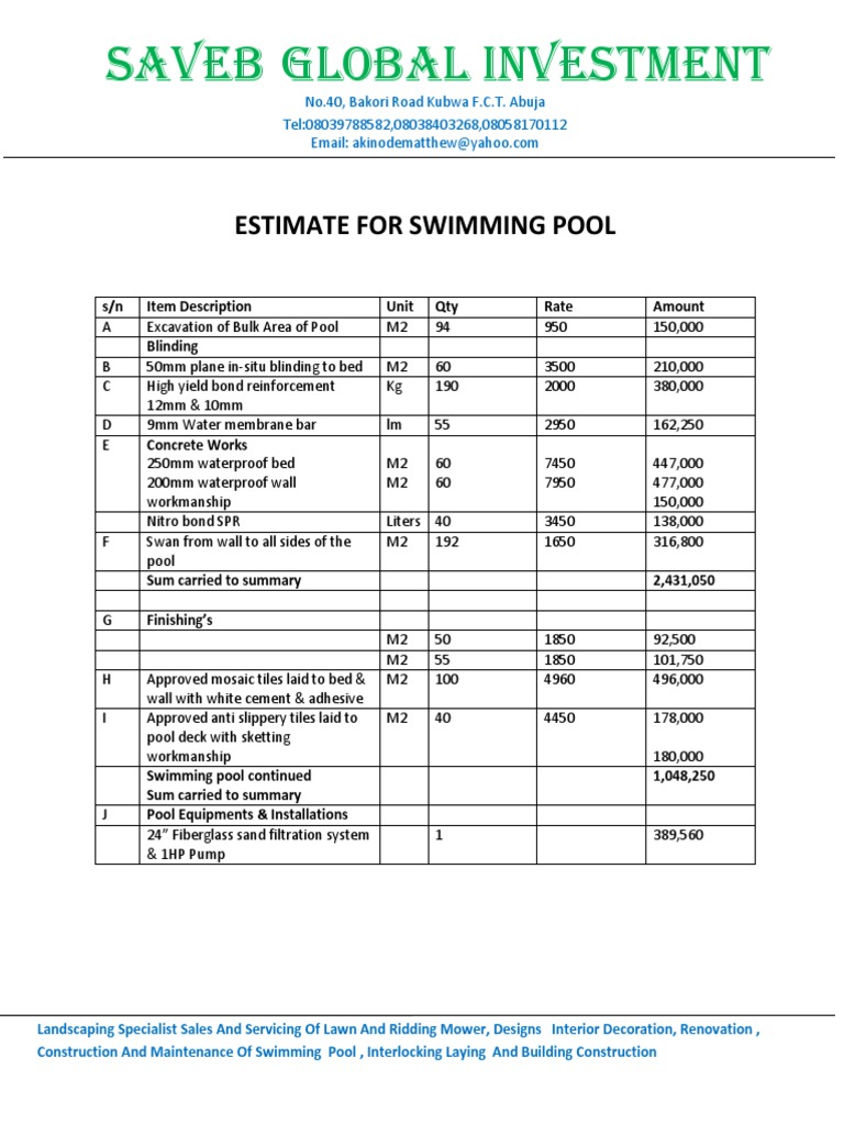 Swimming Pool Estimates | PDF | Swimming Pool | Building Materials