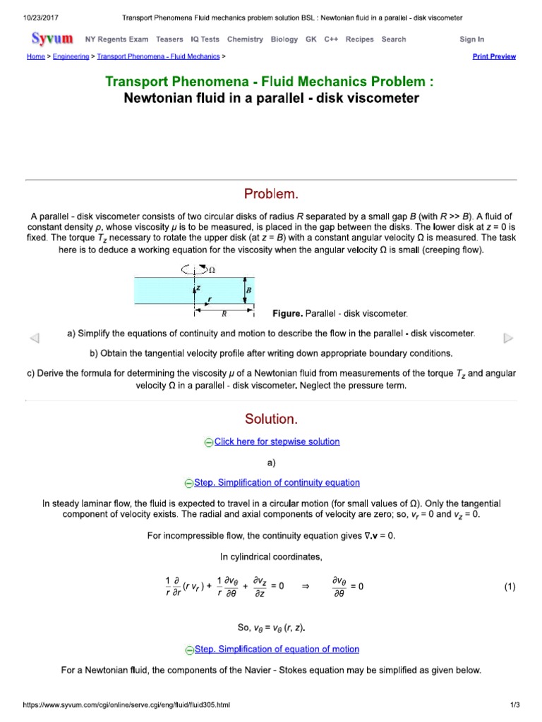Transport Phenomena Fluid Mechanics Pro... Fluid in A Parallel - Disk ...