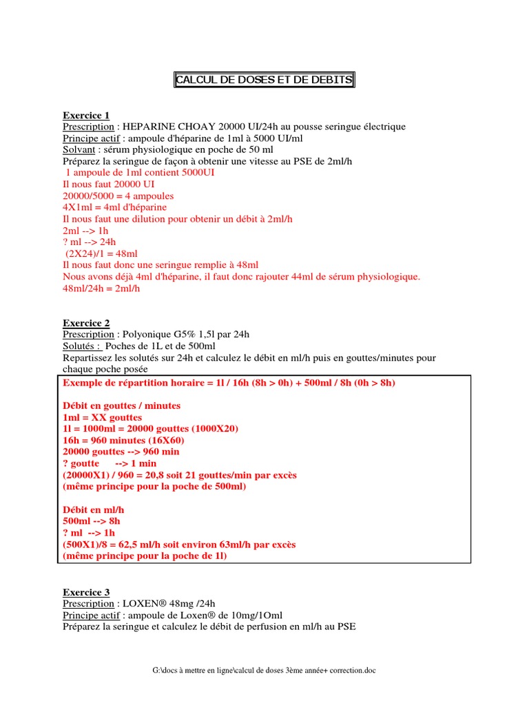Calcul De Dose Exercice Ifsi Calcul de Doses 3ème Année+ Correction | PDF | Morphine | Chlorure de  potassium
