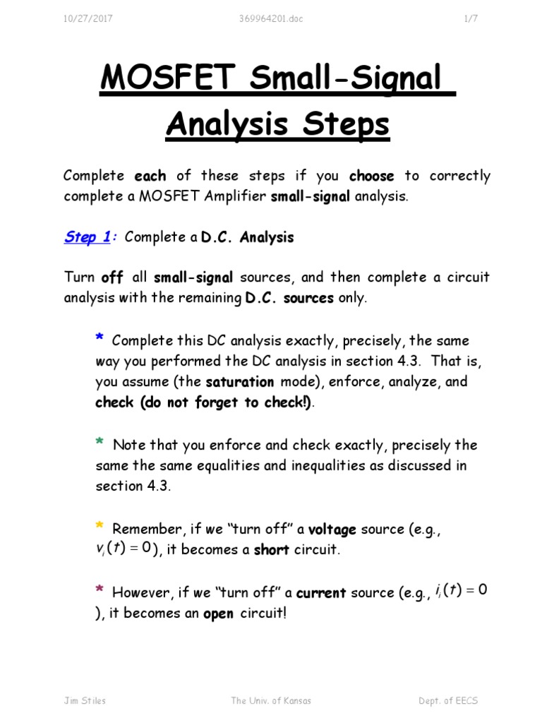 Steps For MOSFET Small Signal Analysis | PDF | Electrical Network ...