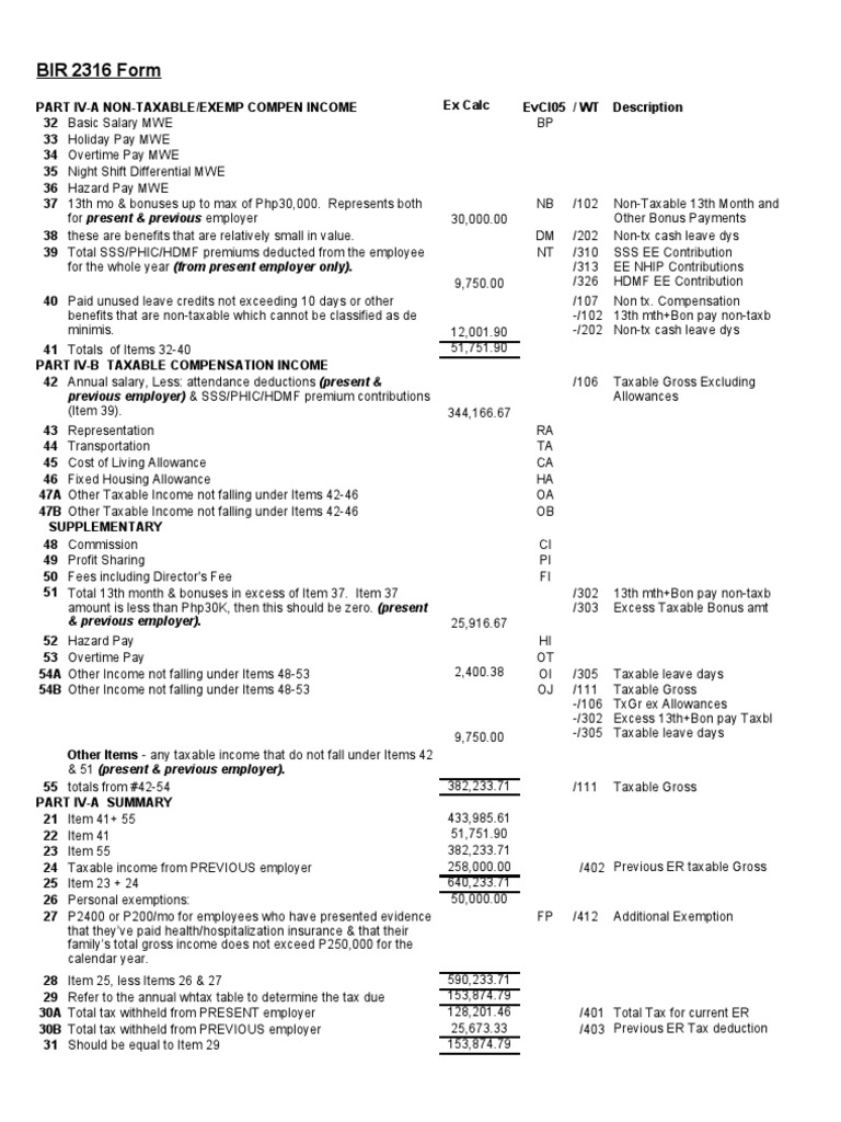 SAP BIR 2316 Form Components Salary Employment