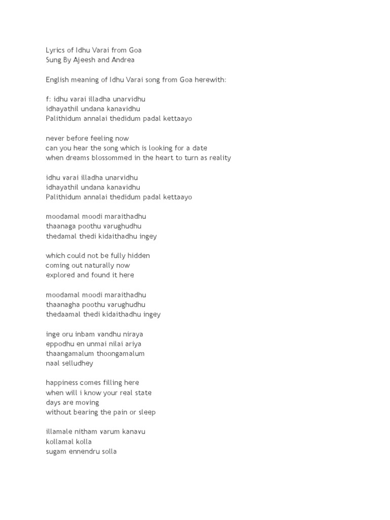 Lyrics of Idhu Varai From Goa | PDF