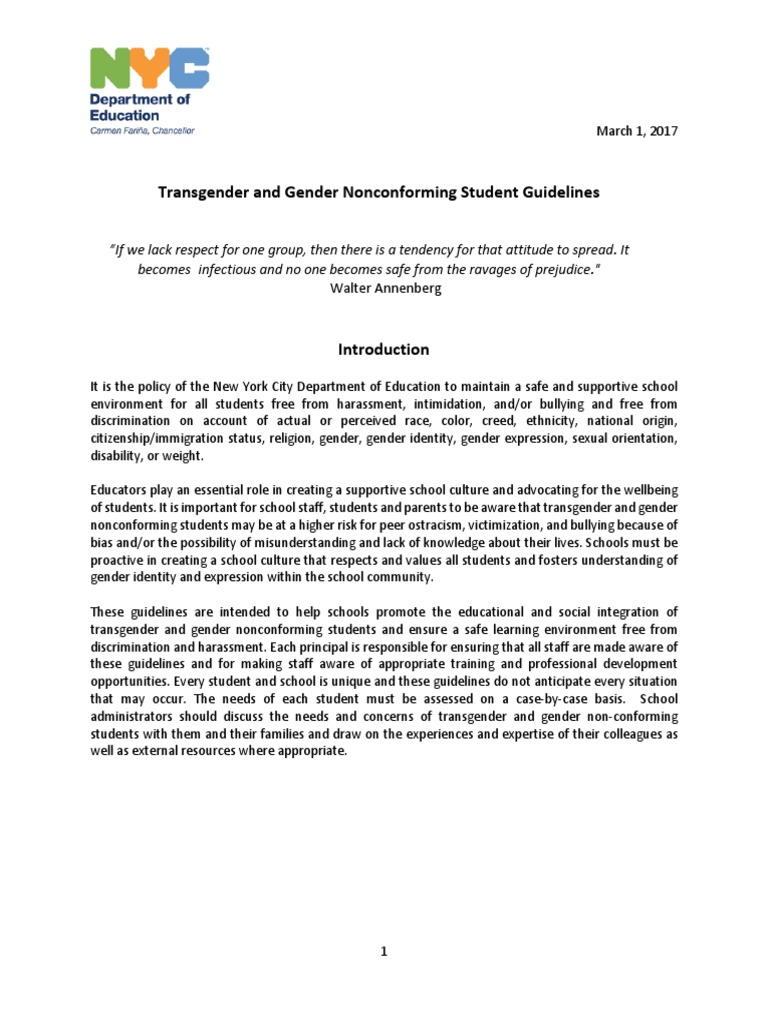 NYC Dept. of Education Transgender and Gender Noncomforming Student ...